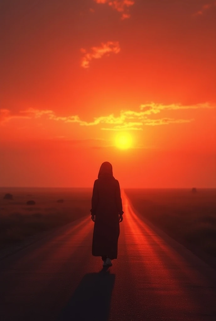 There will be a long road, there will be a sun behind and the sky will be red with sunlight, at the beginning of the road a girl in hijab will be walking towards the road.