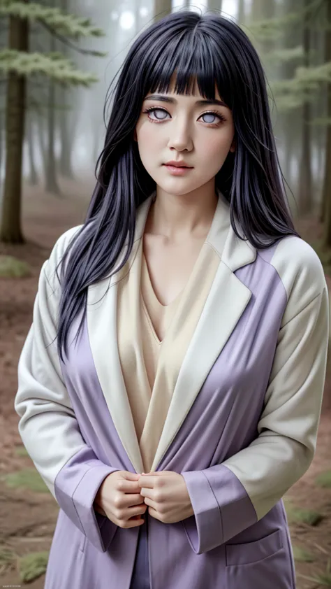 an ultra realistic depiction of hinata hyuga from the naruto series, featuring her distinct lavender-toned eyes with a soft glow...