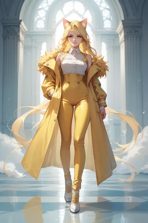  A girl with yellow eyes , long soft yellow hair ,  shoes with two cat ears . She is dressed in a tight pale yellow suit and a long flowing transparent coat of pale yellow color.  Archer with a quiver of arrows behind her back