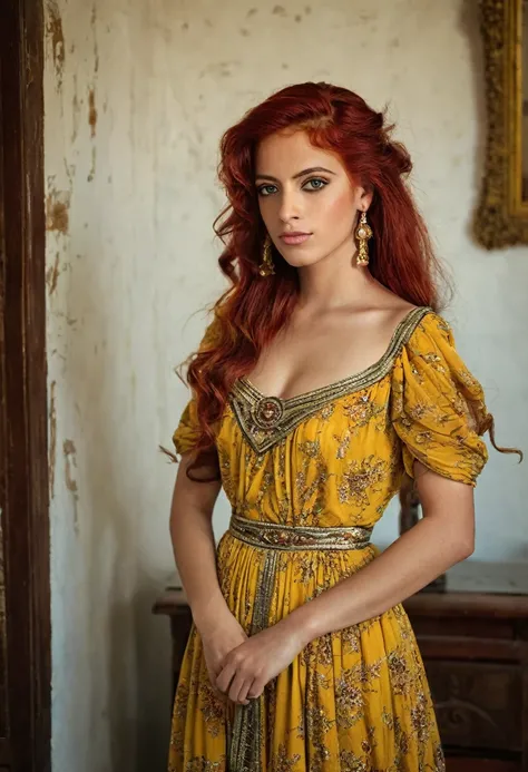  (egyptian) girl , yellow eyes , red  hair , in elegant vintage long  dress , cabello lacio corto al hombro en una casa antigua, 