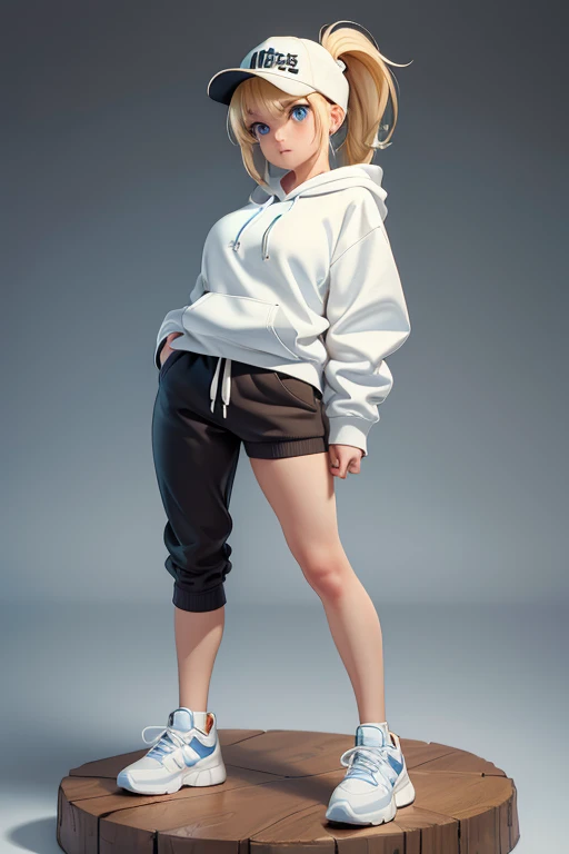 girl,  perfect body , BLONDE hair ( ponytail ),  light blue eyes ,  Big breasts , wearing a used brown cap, top white, toys,  black hooded sweatshirt (Hoodie is collected ), old brown pants , white sneakers,  white socks,  perfect legs,  porn movie , stand...