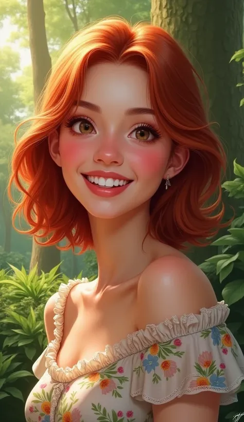 The image is a portrait of a young woman with shoulder-length, wavy red hair. She is smiling and looking directly at the camera. She has a big smile on her face and her teeth are visible. The background is  a garden with trees and greenery. The woman is we...