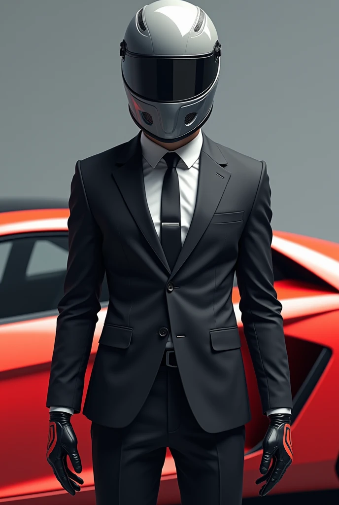 Draw a person wearing a gray racing helmet and also wearing a black dress suit and wearing black and red racing gloves that is next to a red anime-style sports car 