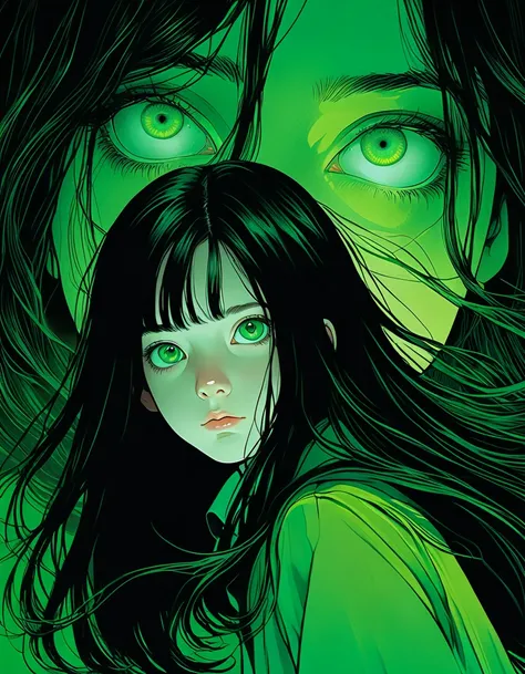 An illustration、art、A (severus snapes daughter:((11years old)))green eyes,long hair, flowing black hair.70s horror movie posters, Supervised by Junji Ito、High detail, Realistic Shadows、Analog Style, chromatic aberration, Surrealism、Complementary Gradient、a...