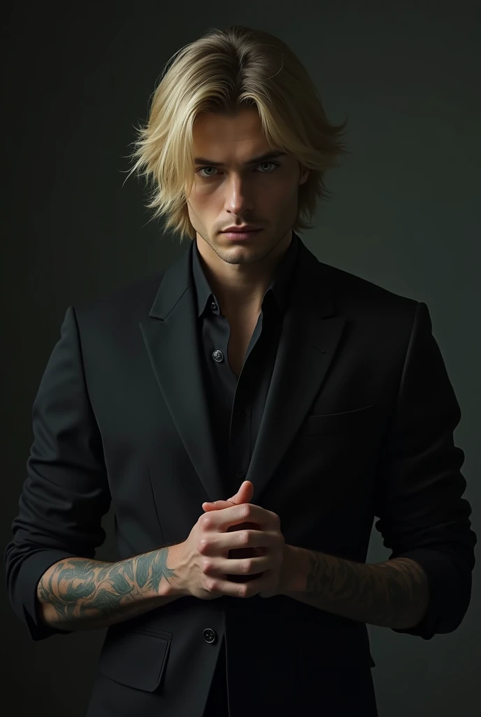 Imagine Victor, a handsome adult man with chin-length, medium-blond hair styled in layered cuts, blending rebellion with elegance. He stands alone in a dimly lit room, his stance tense yet controlled, a quiet intensity radiating from him. His eyes are stee...