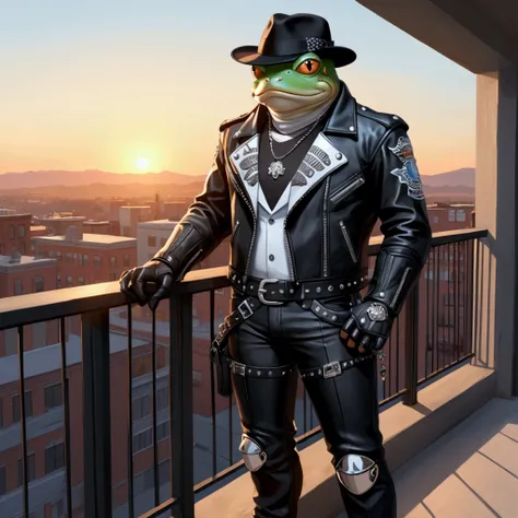 A scene of an extremely badass anthropomorphic light blue and white bullfrog wearing an insanely cool black leather Harley Davidson biker jacket open, black fedora, black leather biker gloves, black leather biker pants watching a sunset, standing on a balc...