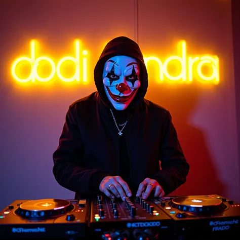  A DJ whose face wearing clown mask and who wears urban clothing and who has the visible phrase with neon yellow light on the wall "Dodi Fandra"