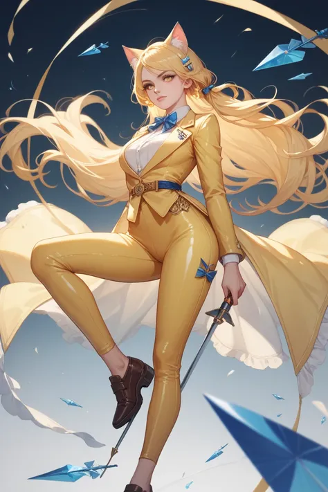  A girl with yellow eyes , long soft yellow hair ,  shoes with two cat ears . She is dressed in a tight pale yellow suit and a long flowing transparent pale yellow suit.  Archer with a quiver of arrows behind her back