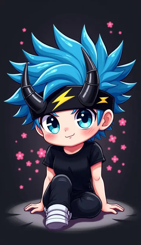 The image is a digital illustration of a persons face. The person has blue hair that is styled in a spiky manner with two large, pointed horns on either side of their head. The horns are black and appear to be made of metal. They are attached to the person...