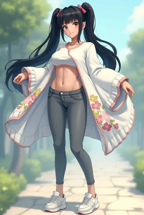 A girl with two pigtails , his hair is black, a white poncho ,  and tight gray pants a little darker but not too dark,  also wears white sneakers and has light skin ,  the girl is anime-style and has exaggerated proportions, YOUR BUST , etc,  is 20 years o...