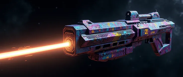 Death star with giant futuristic rifle barrel at barrel and long energy blade at the blade, covered in rainbow batik pattern and glowing rainbow rune symbols