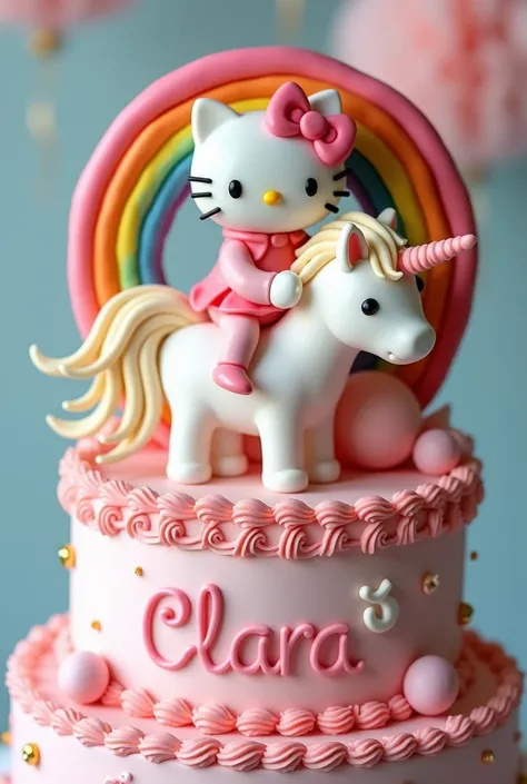 Design birthday cake where on the top of the cake is hellokitty ride a white unicorn. Add beautiful rainbow behind hellokitty and unicorn in the top of the cake, with add number "3rd" and add name "CLARA" in the middle of the cake