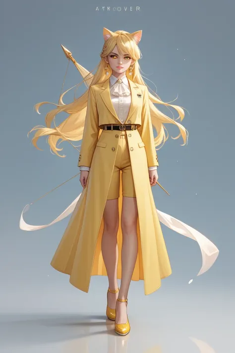  A girl with yellow eyes , long soft yellow hair ,  shoes with two cat ears . Dressed in a pale yellow suit and a long flowing transparent pale yellow suit.  Archer with a quiver of arrows behind her back