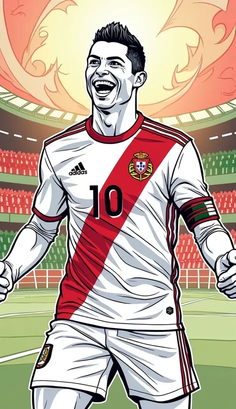 Cristiano Ronaldo coloring page in the Portuguese uniform,with happy expression 