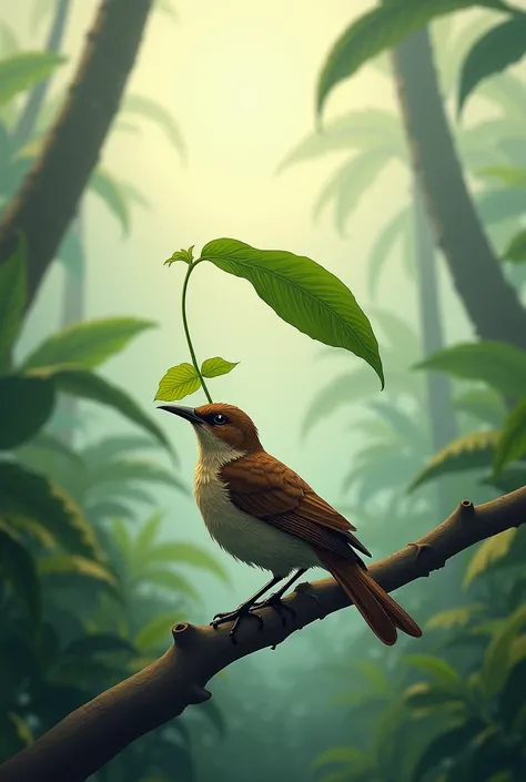 the sparrow has caught the leaf for shade in jungle pollution drawing