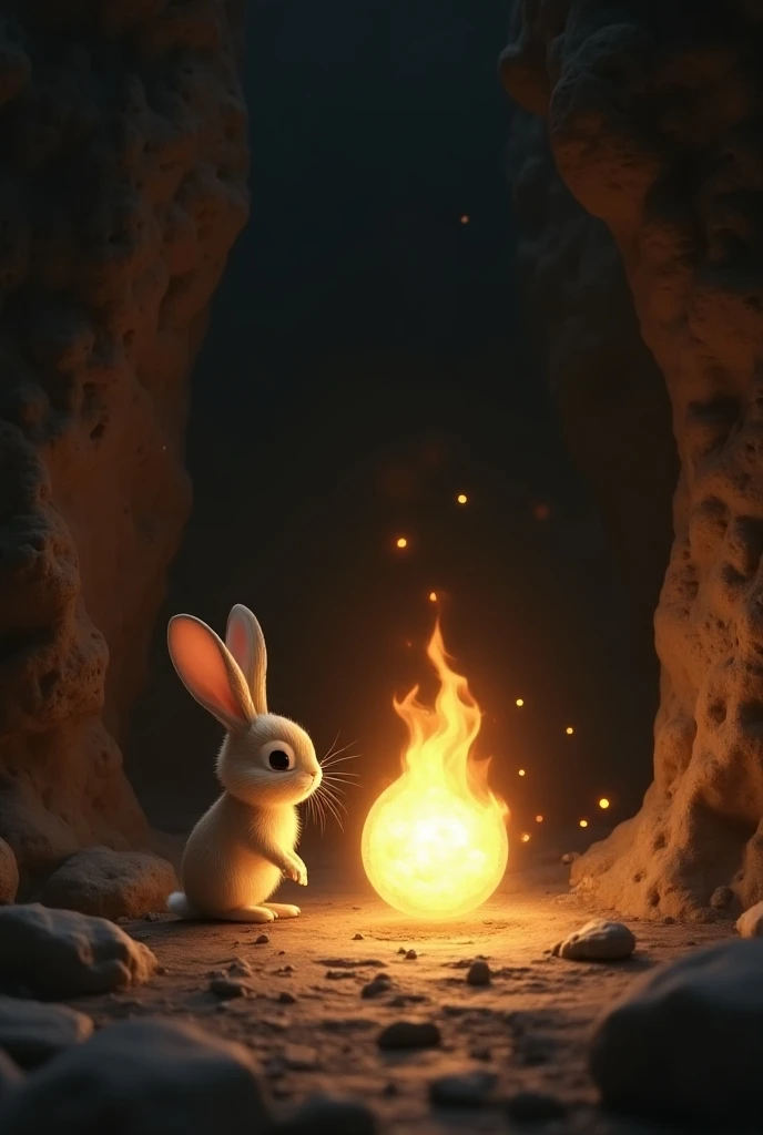 Rabbit  touched the fire ball in the cave 