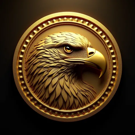 Create a Realistic award medal with the color gold with the face of an eagle printed on it with a black background