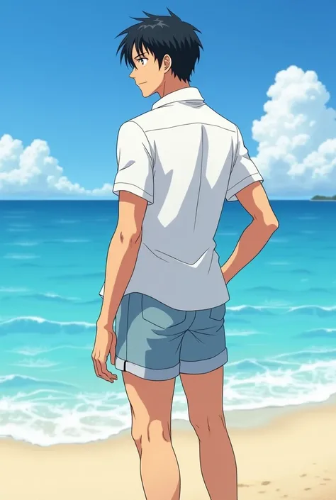 anime guy in white shirt and shorts standing on the beach, an anime drawing inspired by Eiichiro Oda, trending on pixiv, shin hanga, handsome anime pose, character from king of fighters, male anime character, anime handsome man, eiichiro oda style, handsom...