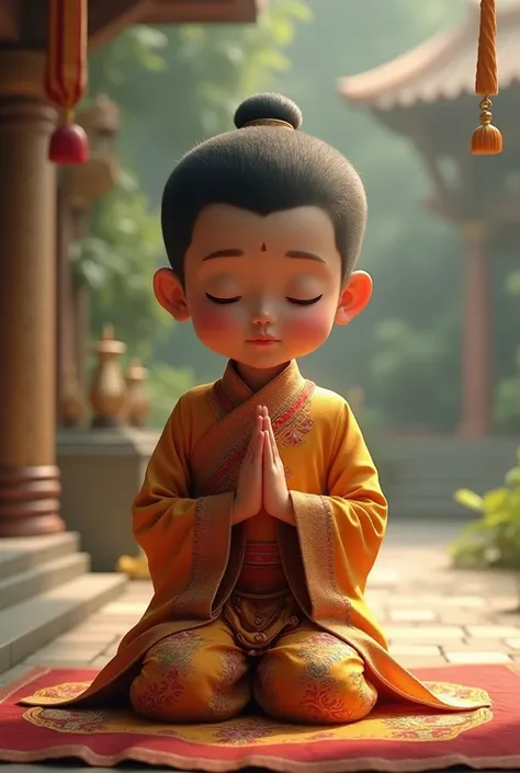 A boy with burmese traditional dress and praying like buddhism