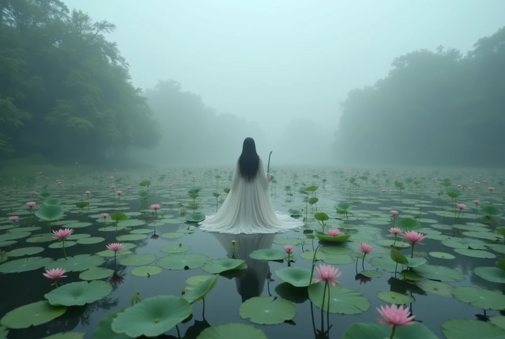  Pond with lotus flowers in full bloom ,  Marvelous landscape shrouded in fog, ((masterpiece,  highest quality ,  best image quality ,  high resolution ,  actual ,  original photo, 8K, Highly detailed CG synthesis 8K wallpaper)), ( Huge and spectacular foo...