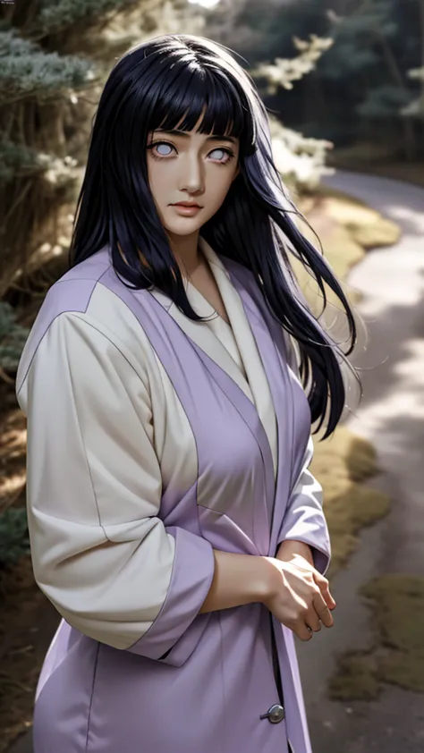 an ultra realistic depiction of hinata hyuga from the naruto series, featuring her distinct lavender-toned eyes with a soft glow...