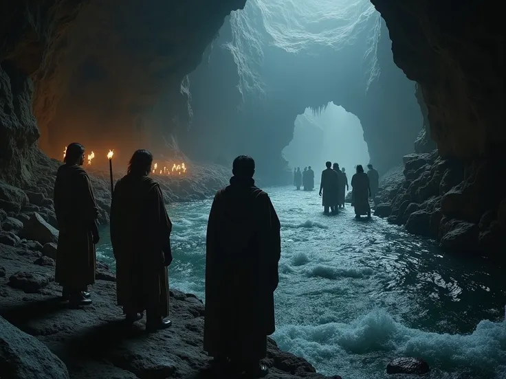 Followers of Hades,, ancient Greek believers standing at the edge of the Acheron River, a dark underground river believed to be the gateway to the underworld,, ancient Greece,, traditional Greek robes and cloaks,, a shadowy cave with flowing, ominous water...