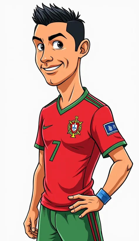 Coloring page of Cristiano Ronaldo wearing the Portugal uniform, with a slight smile, cartoon style,  