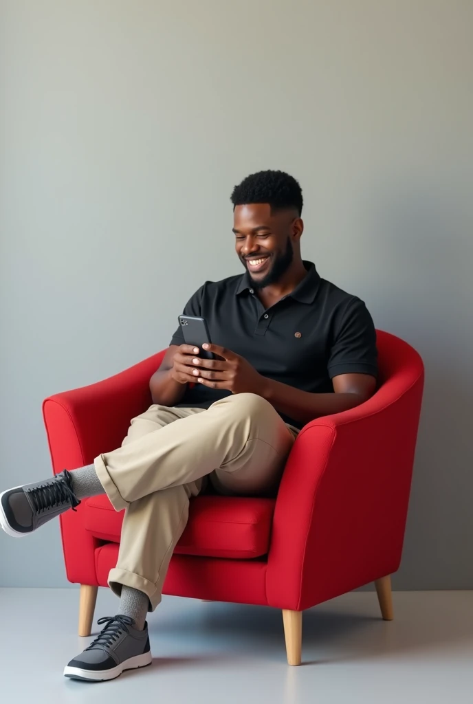  A 30-year-old young black man sitting comfortably in a modern red armchair,   casually dressed in a black polo shirt and beige pants  , with gray sneakers  .   He is holding a smartphone with both hands  , smiling and looking at the screen  .   His legs a...