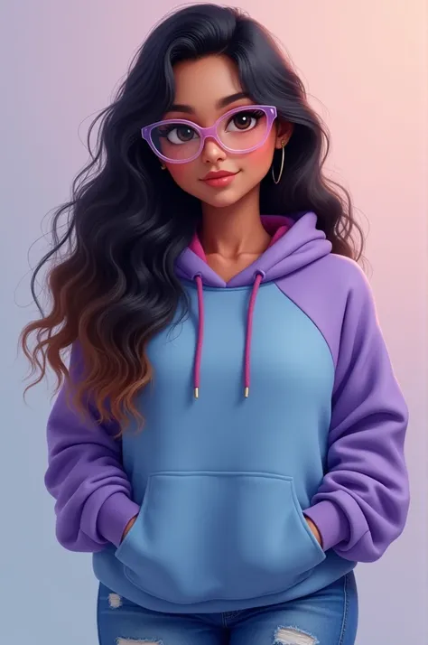 Create digital portrait of a chubby, hispanic Woman she has brown eyes. She wears clear plastic glasses with long, black, wavy hair,and brown ombre on the tips of her hair. She wears a blue and purple hoodie with skinny ripped jeans. Gazing softly at the v...