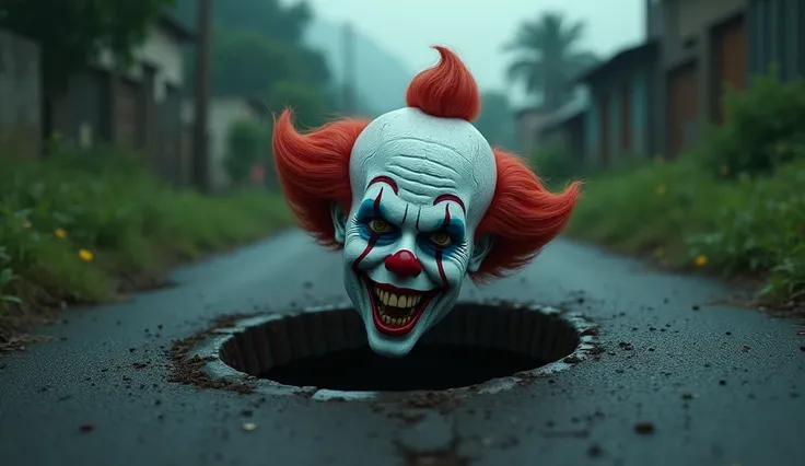 A head of clown come out from drain joined to the road in city like village of green rajasthan in dark and horror theme close view 