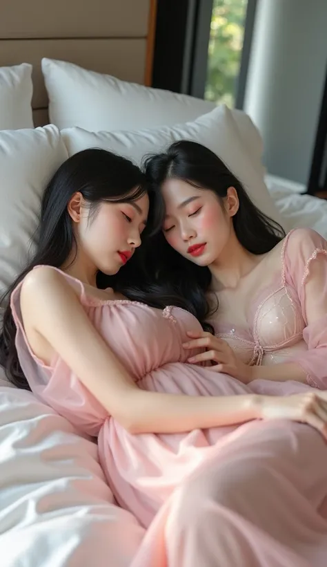 Realistic, realism, 4k, perfect anatomy, perfect hands, High quality, High resolution
Two beautiful korean girls sleeping on the bed (wearing short night dress, Amaranth pink and beet pink colored respectively, see through clothes, black hair) luxurious mo...