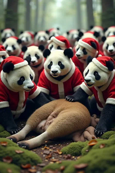 Panda army dressed as Santa Claus eating a kangaroo