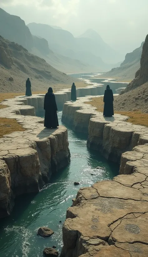 A mythical scene showing a hidden riverbed in a remote Mongolian valley, with shadowy figures representing warriors. The riverbed is dry and cracked, revealing ancient markings on the stones.