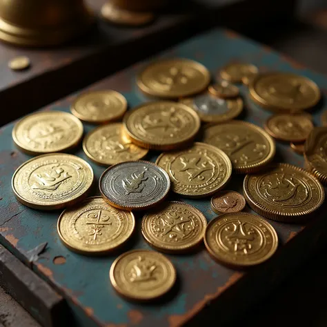 Ancient oldest Raja maharaja coins made of gold, silver, and copper, with their shiny, valuable appearance, set on a oldest table or being used in trade.