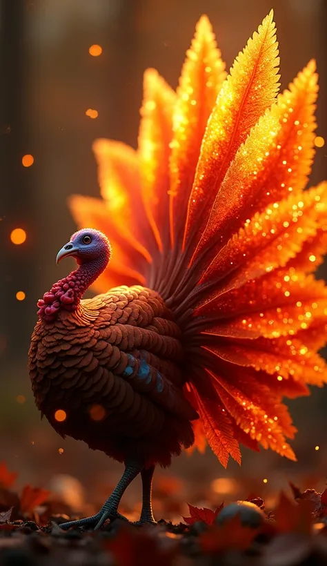 A stunning, close-up view of a turkey’s wings, fanned out in vibrant autumn hues of deep red, orange, and golden yellow. Each feather softly glows, as if touched by sunlight, with tiny sparks drifting from the wings like fireflies. The word Thanksgiving is...