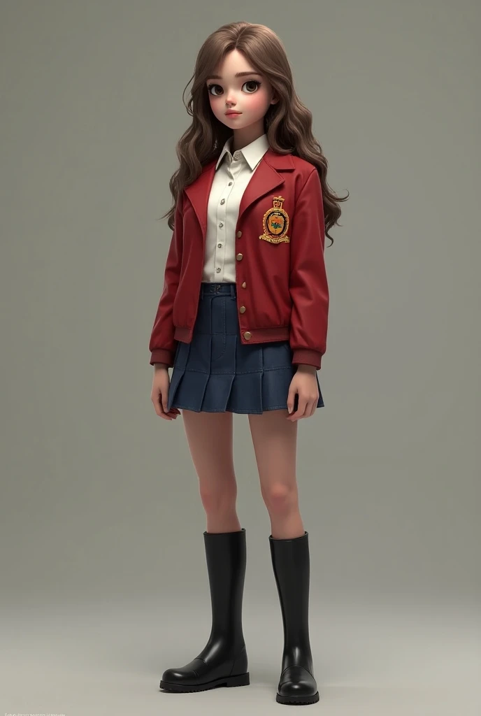 A grown up girl, Full-body, long brown wavy hair , white skinned, With school uniform.
 Uniform Description :
white sleeveless shirt.
 Red jacket with the schools coat of arms called Las Estrellas.
blue denim skirt.
 Long black boot
Shes 18 years old so sh...