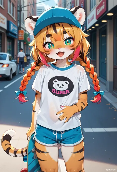 masterpiece, high resolution, best quality, baby body, baby height, flat chest, baby face, furry tiger  girl rides a skateboard, cap, T-shirt, short shorts, happy, tiger ears, tiger tail, fluffy fur, multicolored hair, twin braids, piercing, makeup, tattoo...