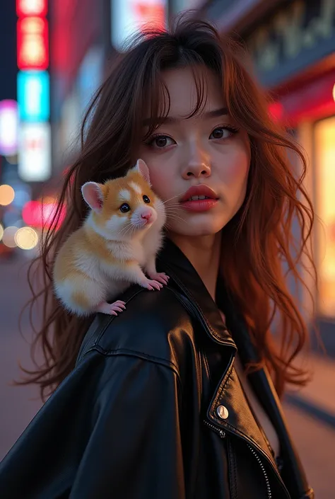 a stylish Asian woman with flowing brown-blonde hair, clad in a sleek black leather jacket, poses confidently with a fluffy hamster perched on her shoulder, urban backdrop with graffiti art, vibrant city lights reflecting in her eyes, cinematic portrait st...