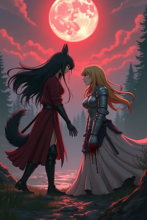  Woman with the ears and tail of a wolfs black hair ,  long hair,  bright crimson red eyes , ( sad and angry look ),(clenching teeth),(tears) crossing a kneeling blonde woman with her sword in her chest,  blue eyes , silver armor,(blood stained),(Mouth gus...