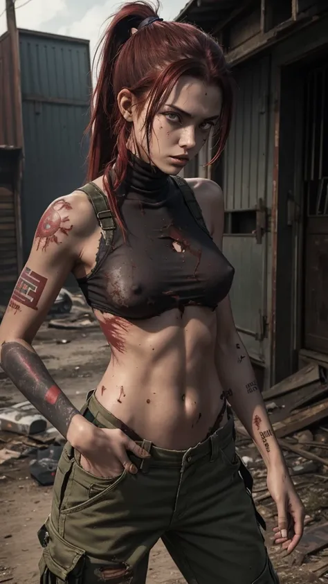 19 years old, slim girl, nsfw, zombie apocalypse setting, tattered skin-tight bodysuit, damaged baggy cargo pants, dark red hair, messy ponytail hairstyle, exposed skin, tribal tattoos, NSFW 