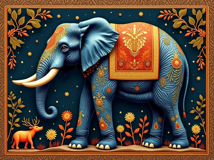 describil the style of An intricately detailed Sri Lankan batik-style African style texture style mix artwork featuring a majestic elephant motif. The design includes complex, traditional patterns in deep, vibrant colors like indigo, earthy brown, and gold...