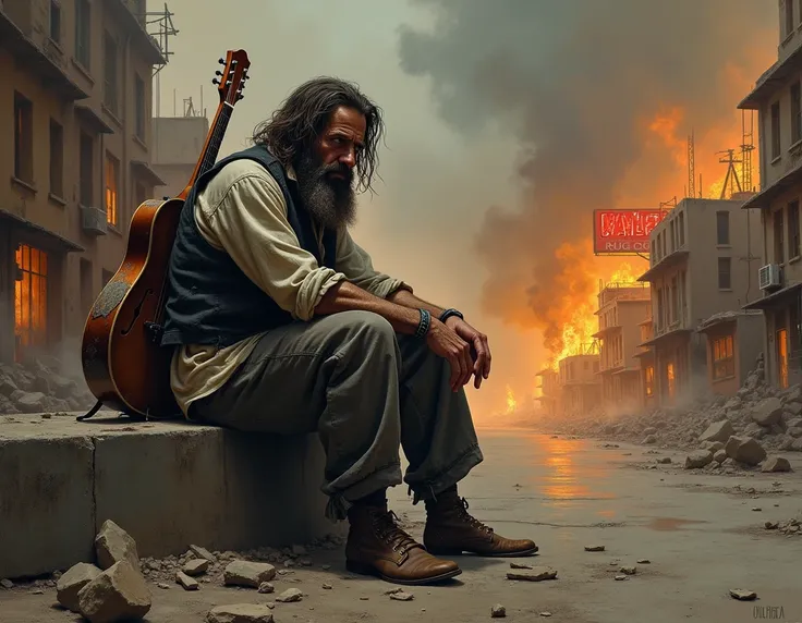 I want a background like an oil painting. a grubby looking guy with the clothing of a prophet sits on a piece of concrete in a crummy downtown. behind him flames come out of numerous buildings.  he caries a beat up guitar on his back.  deep in the distance...