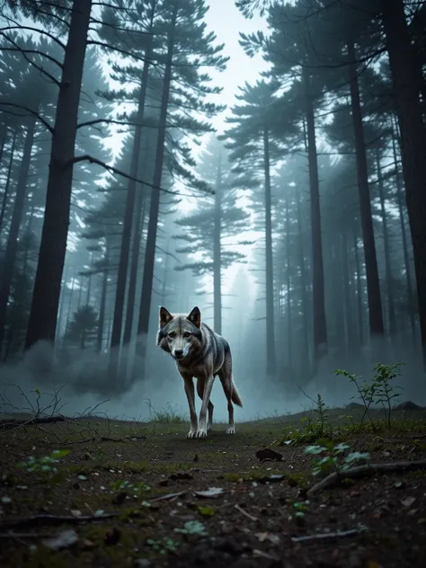 "A lone, emaciated wolf wandering in a dense forest. The wolf’s body is thin, covered in ragged fur, and it walks slowly with a tired and faltering pace. The forest is dark and mysterious with thick mist swirling among the towering trees. The light is dim,...