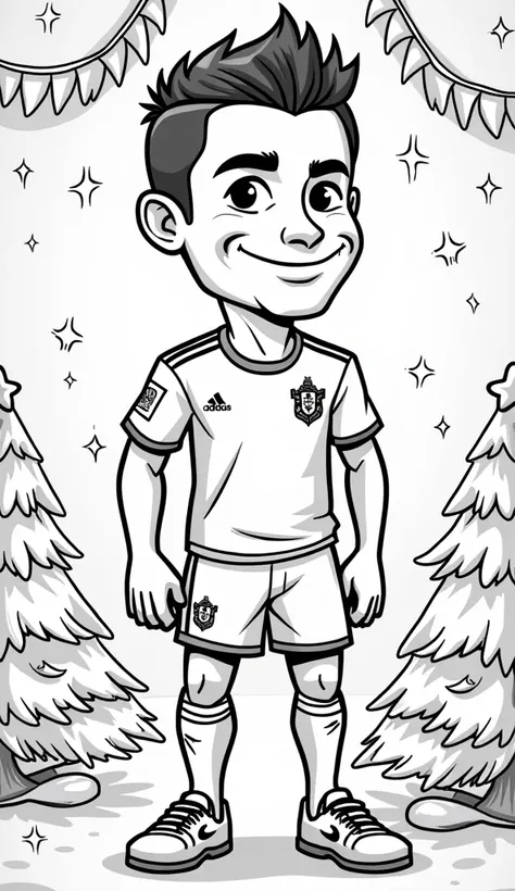 Coloring page of Cristiano Ronaldo wearing the Portugal uniform, with a slight smile, cartoon style,Put a Christmas background   