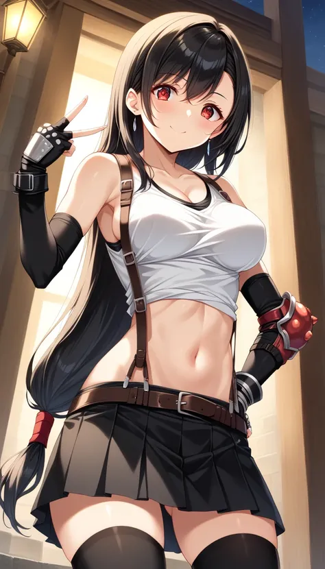 score_9, score_8_up, score_7_up, ,front_view,breast below view,(soro focus),standing,straight-on,,,selfie,(upperbody:1),looking_at_viewer ,1girl, tifa lockhart, final fantasy,(beautiful woman). tareme,black hair, low-tied long hair, red eyes, bangs, white ...