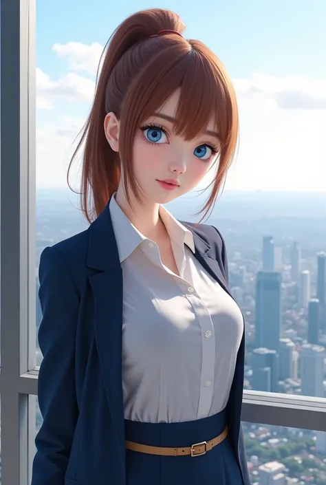 This character is a finely detailed artistic creation with a blend of anime and realism. She possesses vividly large, azure blue eyes that convey a sense of keen observation and intellect. Her hair, a soft chestnut hue, is styled into a high, elegant ponyt...