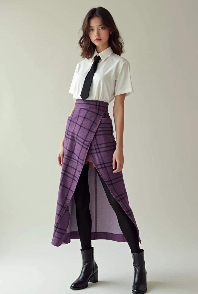  A pretty realistic girl wearing a short sleeve white shirt, black tie,  a purple plaid wrap skirt , with black tights and high black ankle boots 