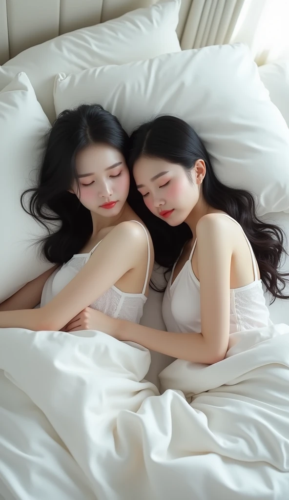 Realistic, realism, 4k, perfect anatomy, perfect hands, High quality, High resolution
Two beautiful korean girls sleeping on the bed (wearing short (see through clothes) night dress, white colored respectively, black hair) luxurious white modern bed room i...