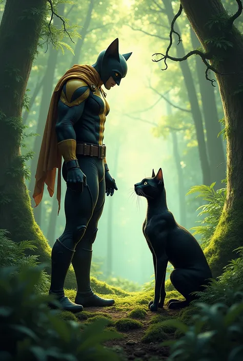 Create a prompt for an image of a X-Men and an cat facing each other in a forest
