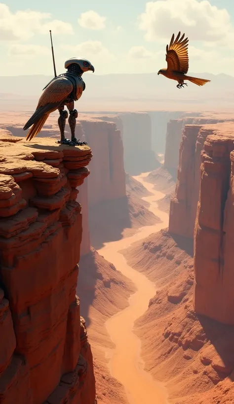 A robot, perched on the edge of a desert canyon cliff, faces a falcon with wings spread wide. The canyon stretches out beneath them, filled with red rocks and distant sand dunes under a hot afternoon sun.